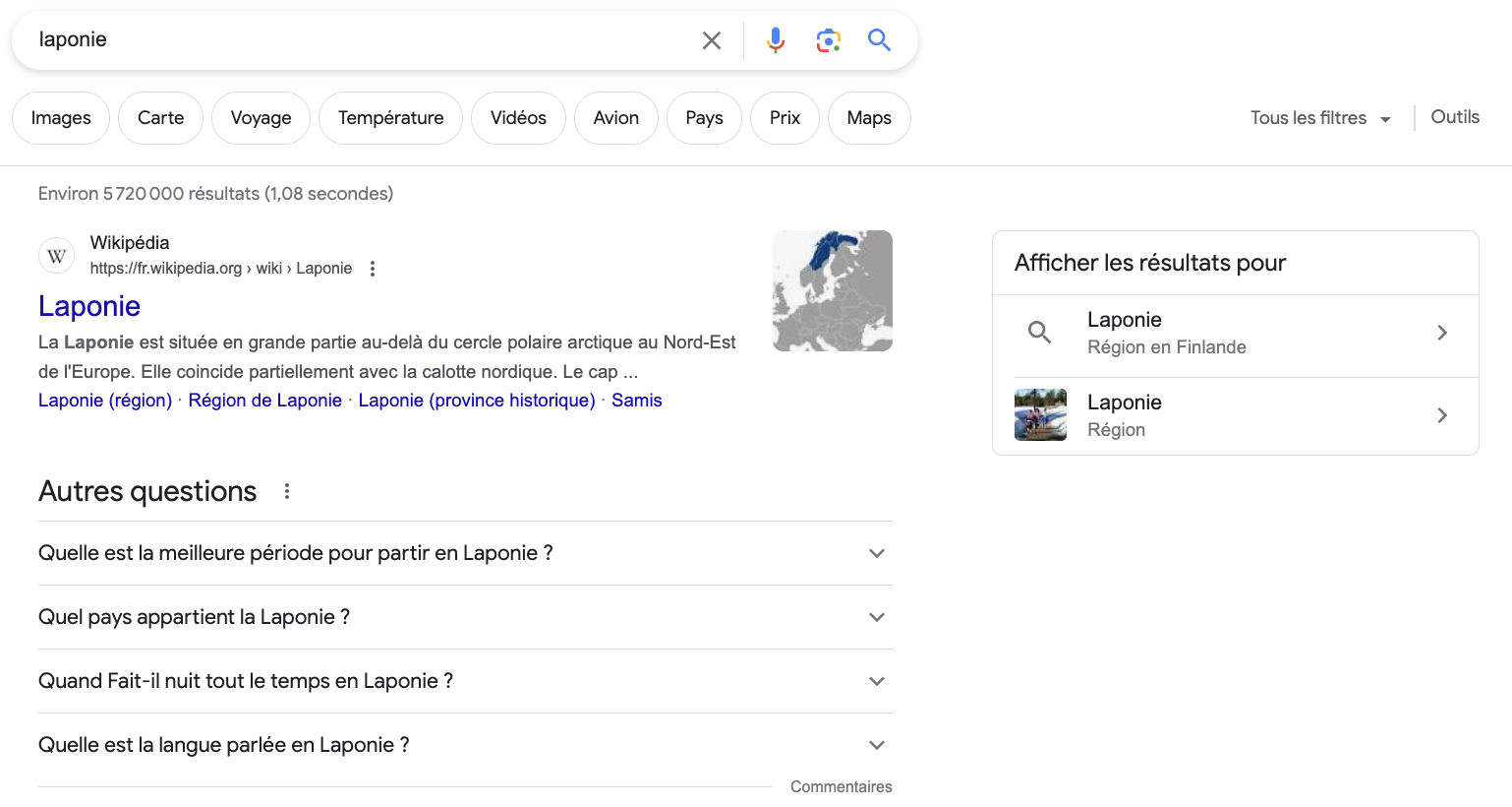 Questions sur la Laponie : recherche google